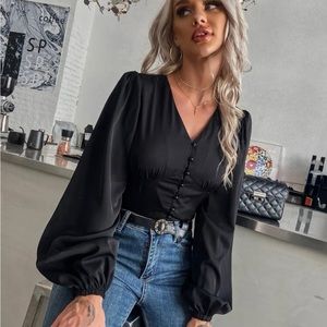 Button Front Long Bishop Sleeve Top